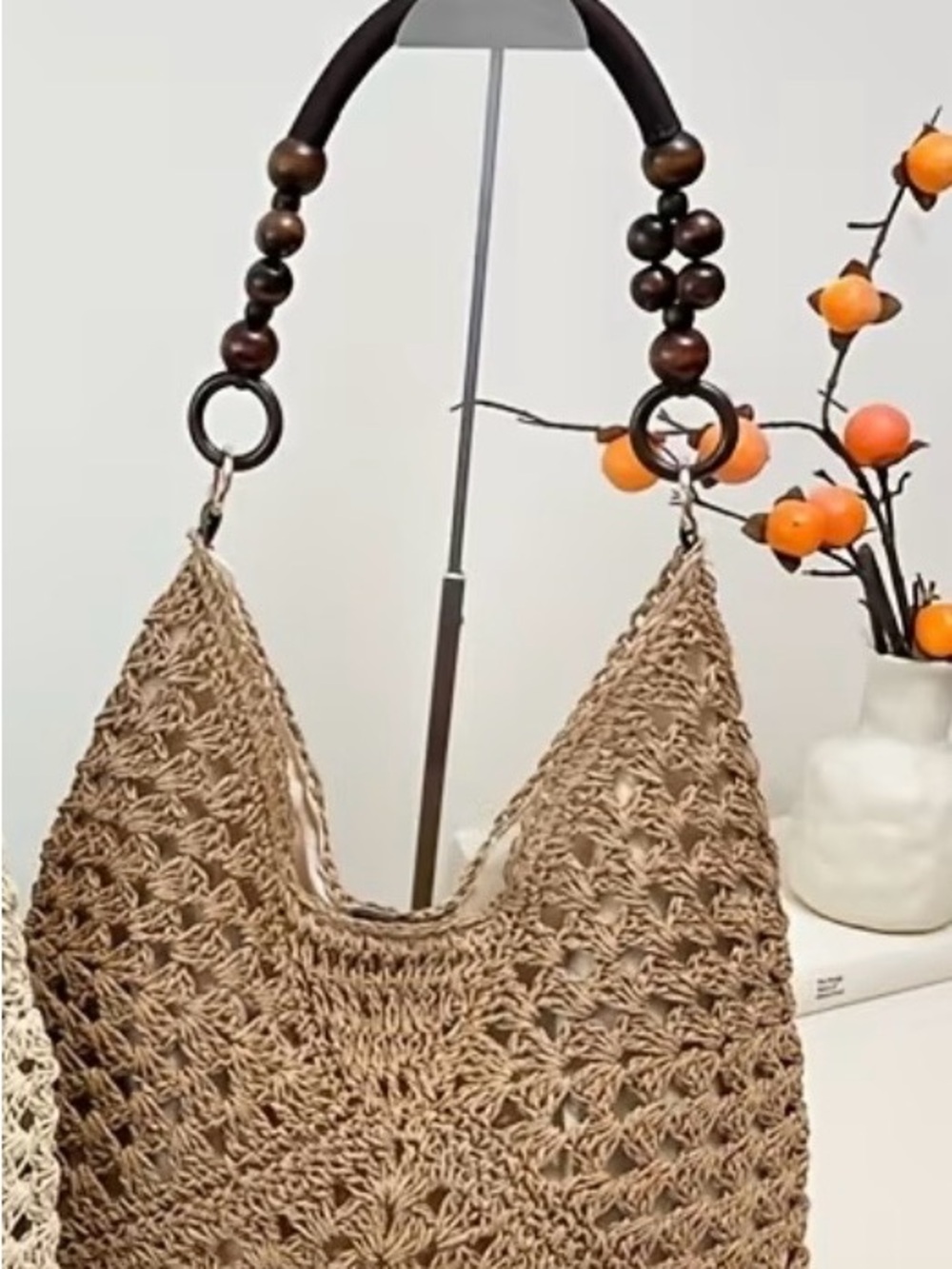 Handwoven Crochet Shoulder Bag with Beaded Handle - Brown - Picture 3 of 4